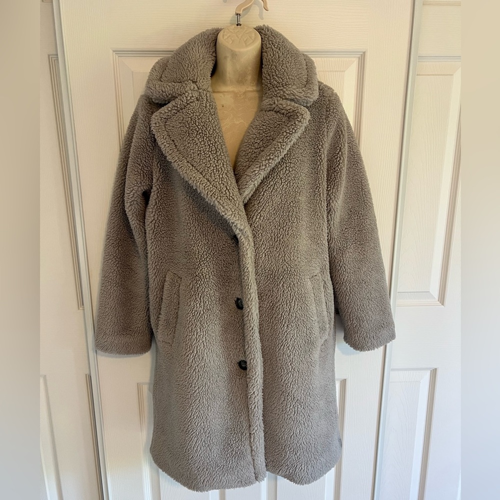 GAP faux Fur Gray teddy Trench Coat jacket XS Petite WARM & FUZZY!